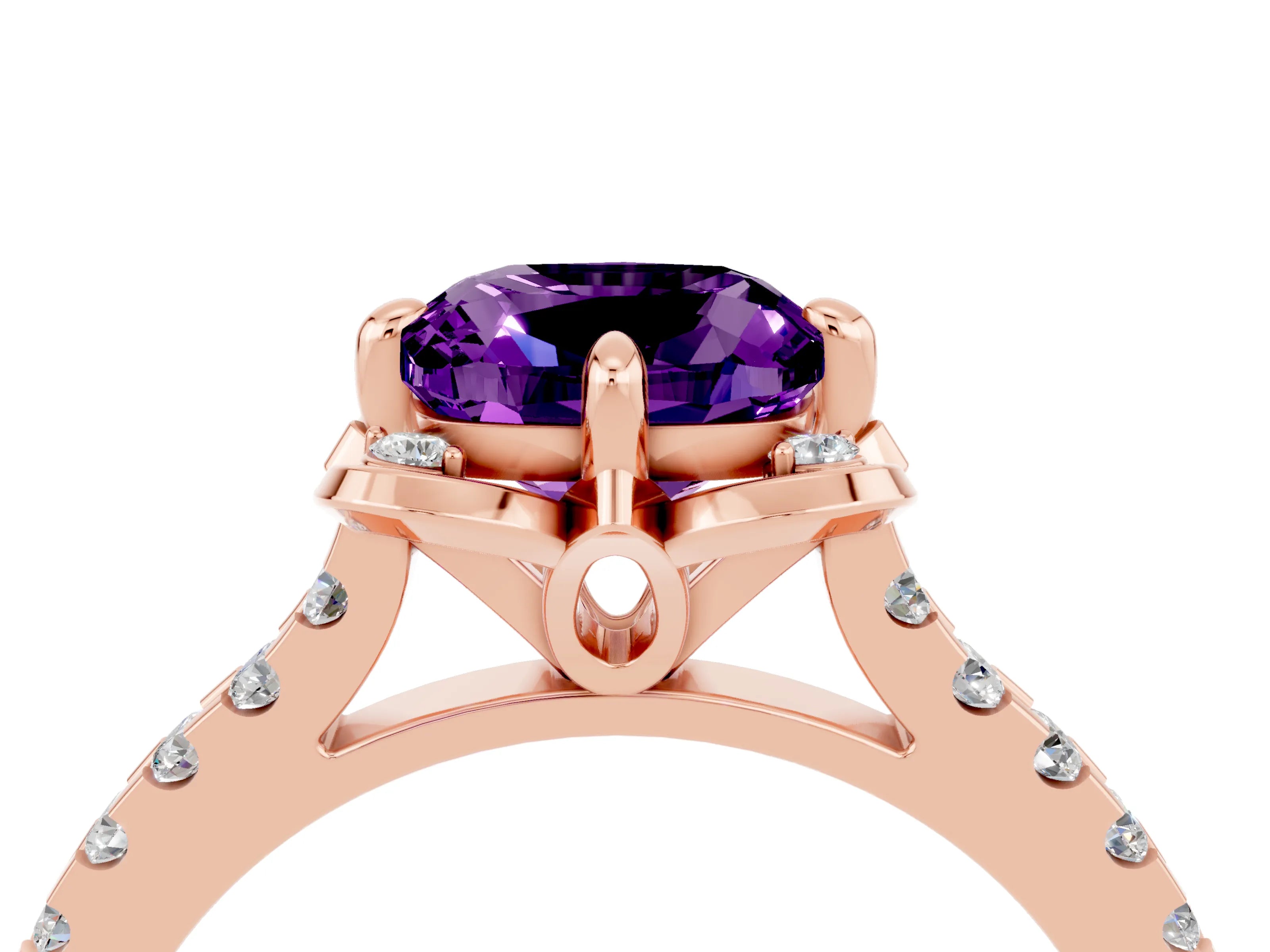Rose gold Cushion Cut Amethyst Ring with Pavé Band and Floral Prong Setting_4