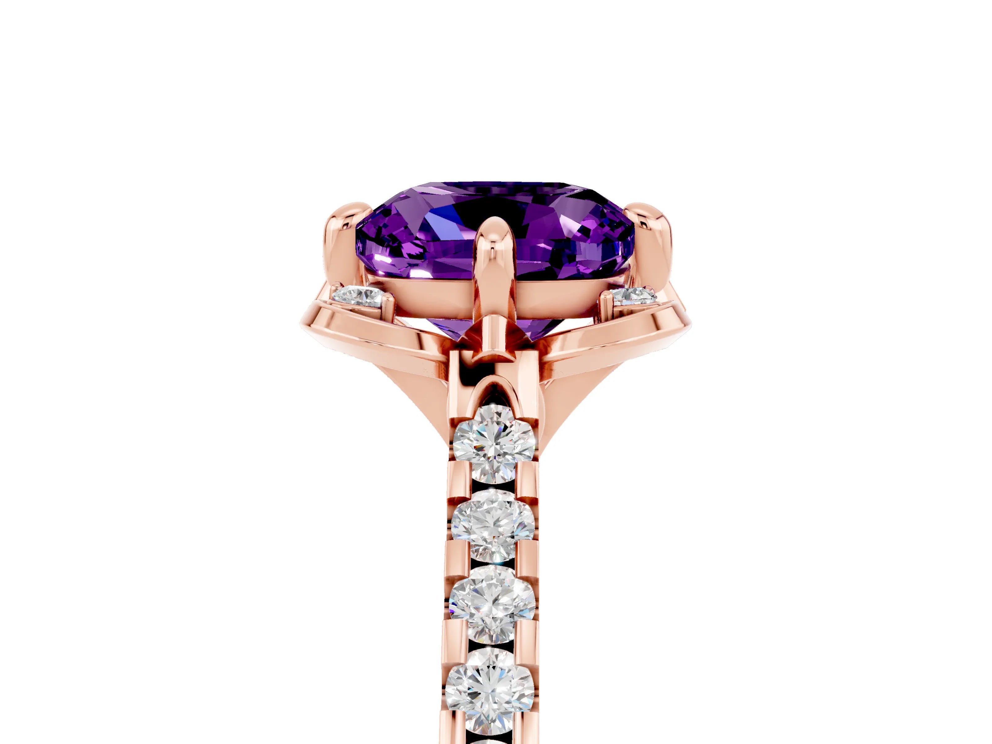 Rose gold Cushion Cut Amethyst Ring with Pavé Band and Floral Prong Setting_5