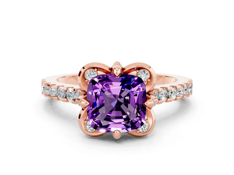 Rose gold Cushion Cut Amethyst Ring with Pavé Band and Floral Prong Setting