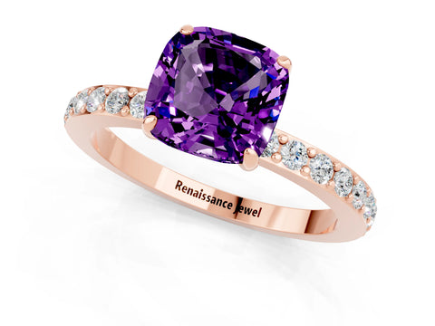 Rose gold Cushion Cut Amethyst Ring with Pavé Band and Four-Prong Setting_1