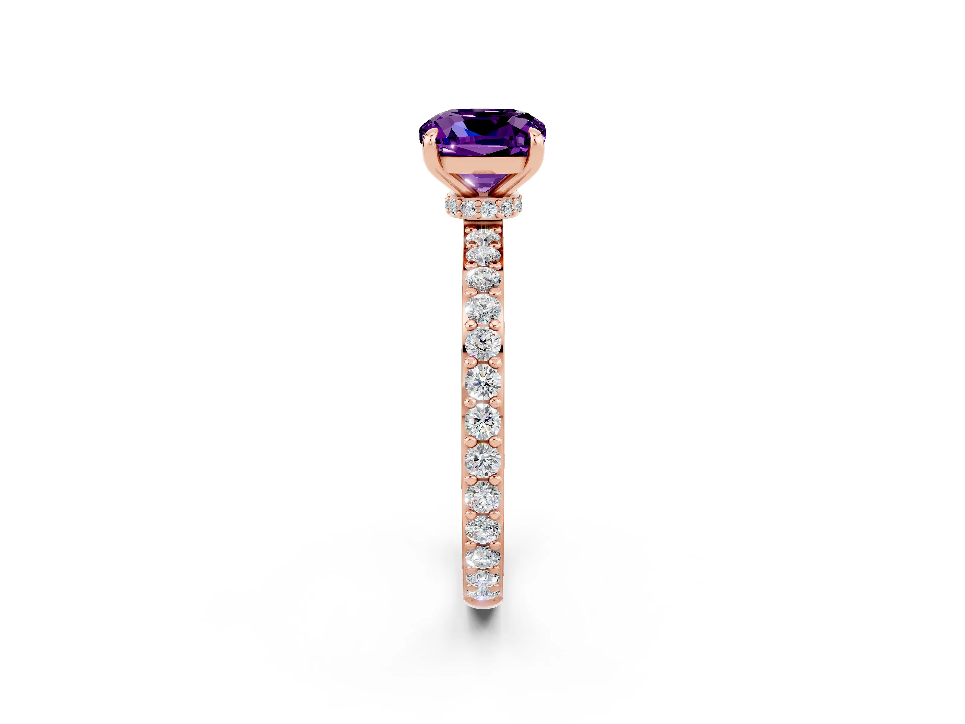 Rose gold Cushion Cut Amethyst Ring with Pavé Band and Four-Prong Setting_2