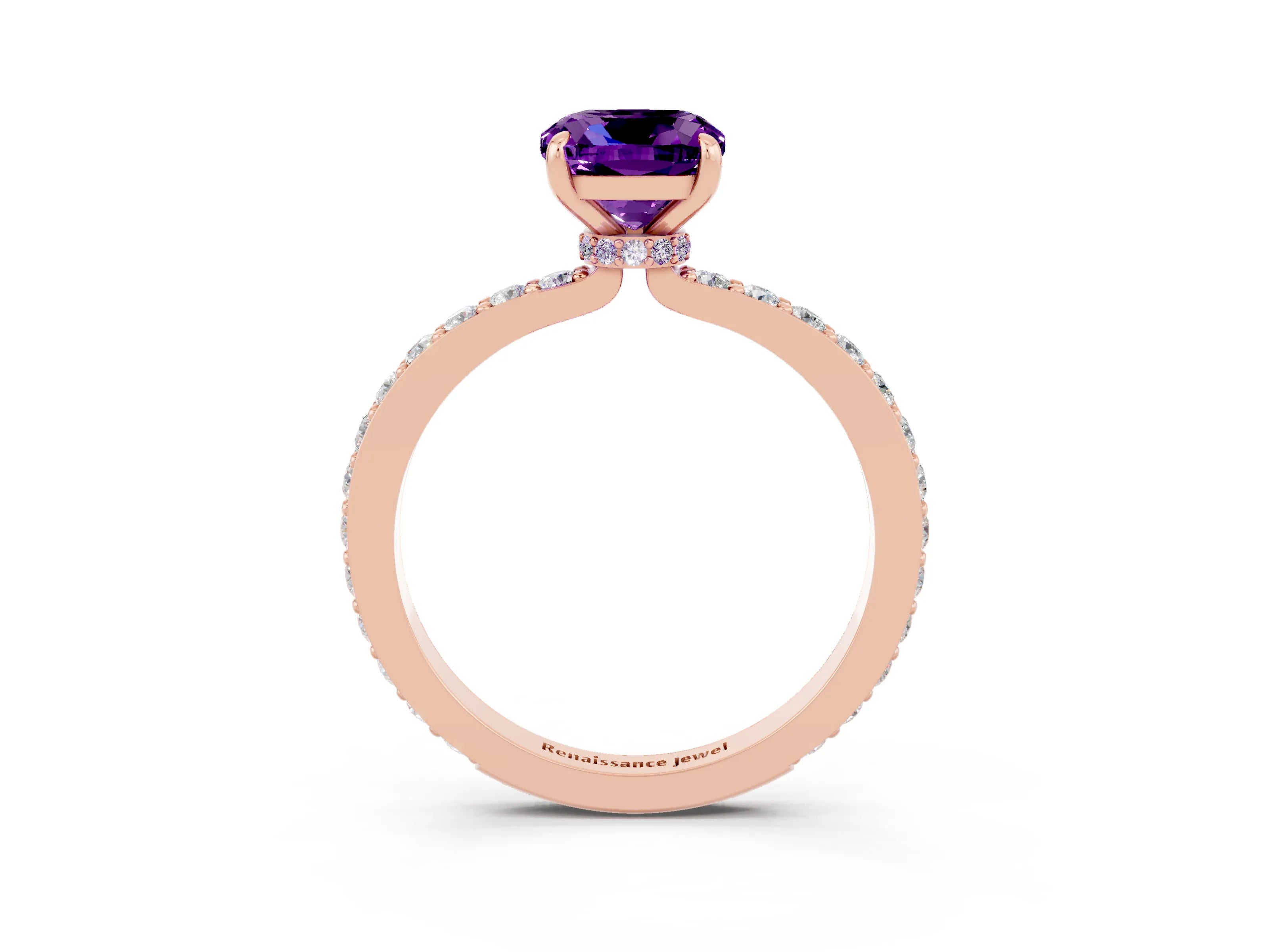 Rose gold Cushion Cut Amethyst Ring with Pavé Band and Four-Prong Setting_3