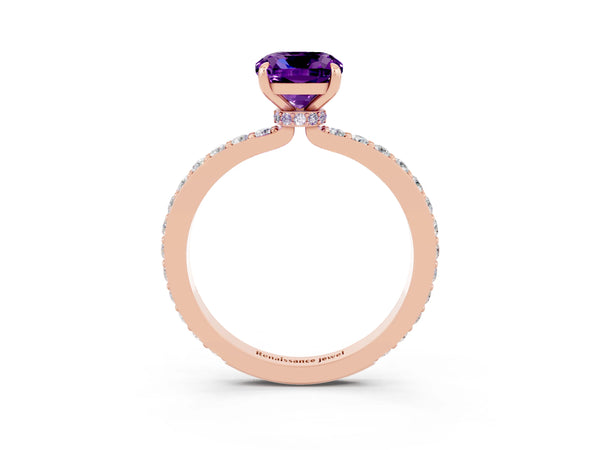 Rose gold Cushion Cut Amethyst Pavé Engagement Ring with Round  Accents and Prong Setting
