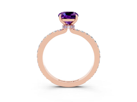 Rose gold Cushion Cut Amethyst Ring with Pavé Band and Four-Prong Setting_3