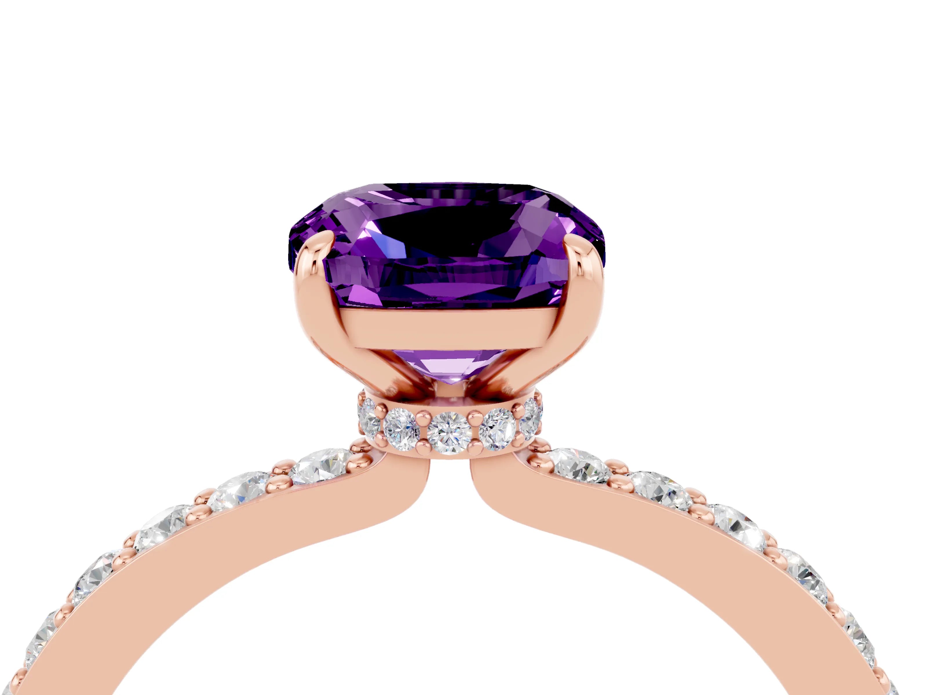 Rose gold Cushion Cut Amethyst Ring with Pavé Band and Four-Prong Setting_4