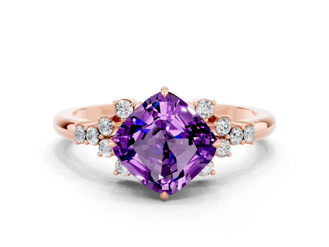 Rose gold Cushion Cut Amethyst Ring with Side Stones and Four-Prong Setting_36