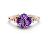Rose gold Cushion Cut Amethyst Ring with Side Stones and Four-Prong Setting_36