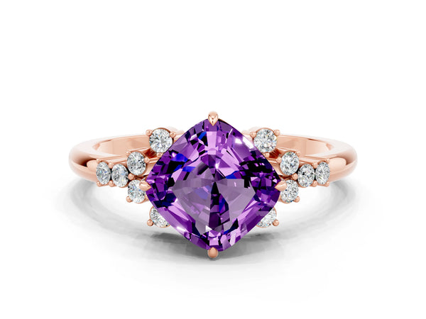 Rose gold Cushion Cut Amethyst Ring with Side Stones and Four-Prong Setting