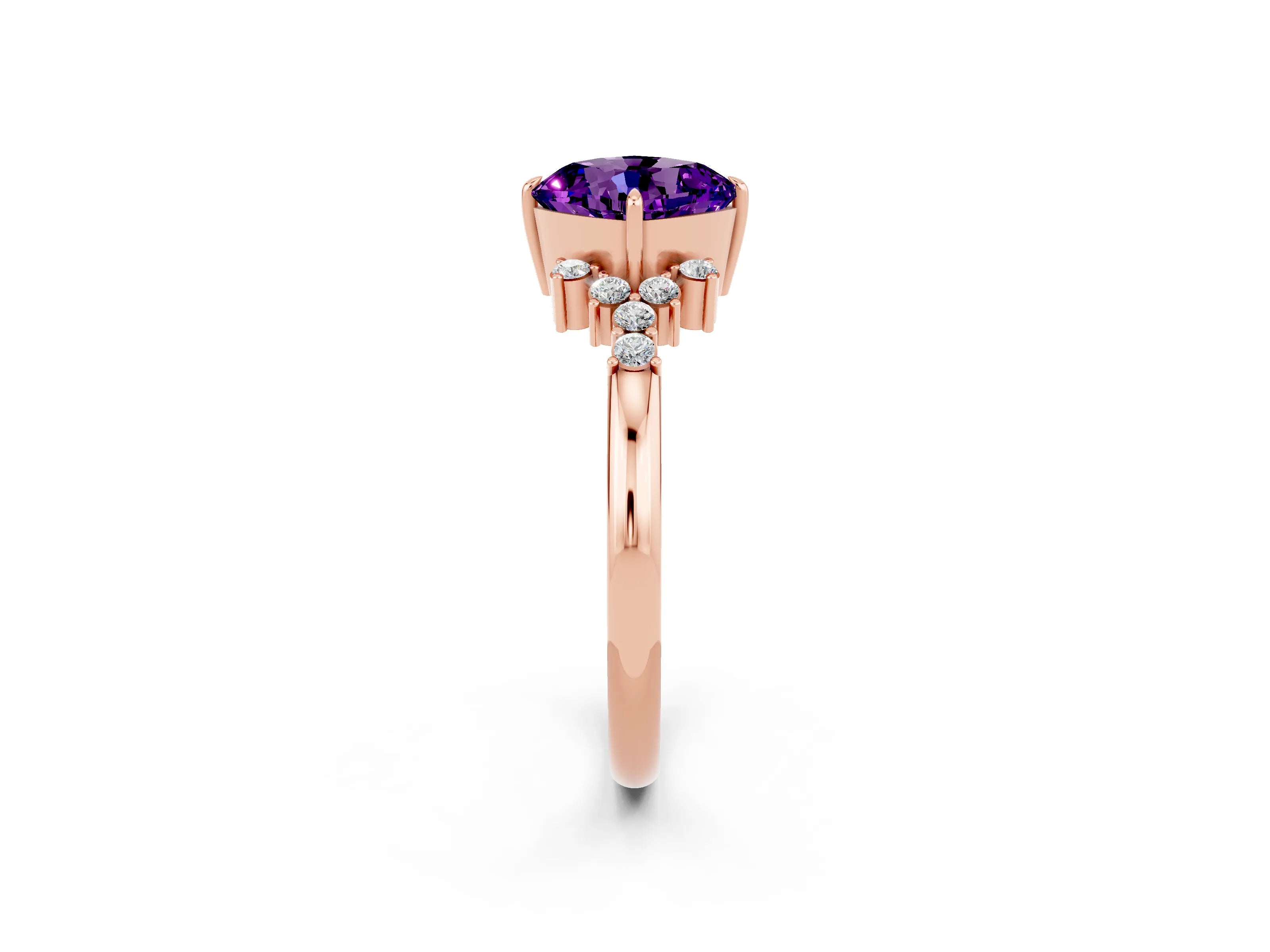 Rose gold Cushion Cut Amethyst Ring with Side Stones and Four-Prong Setting_38