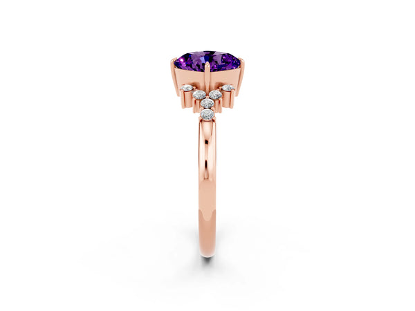 Rose gold Cushion Cut Amethyst Ring with Side Stones and Four-Prong Setting