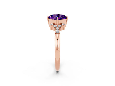 Rose gold Cushion Cut Amethyst Ring with Side Stones and Four-Prong Setting_38