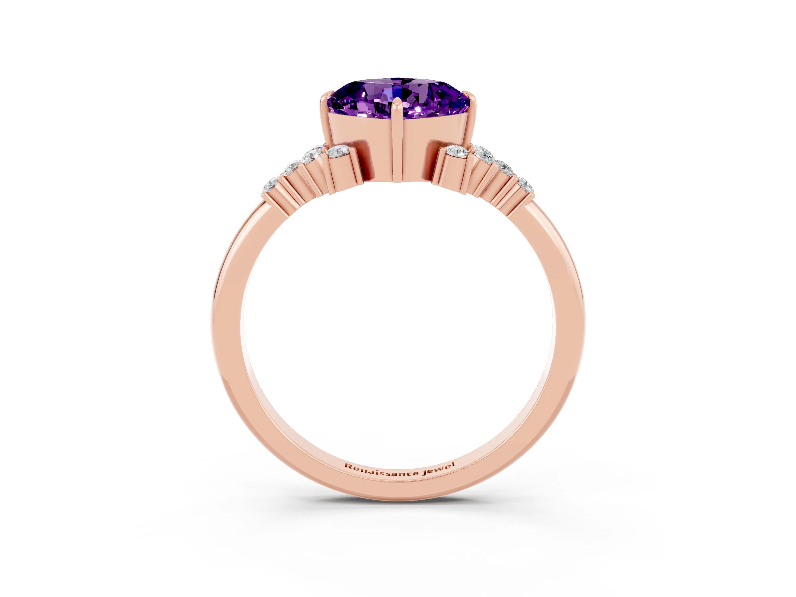 Rose gold Cushion Cut Amethyst Ring with Side Stones and Four-Prong Setting_39