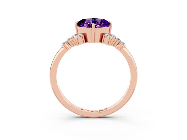 Rose gold Cushion Cut Amethyst Ring with Side Stones and Four-Prong Setting