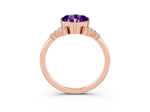 Rose gold Cushion Cut Amethyst Ring with Side Stones and Four-Prong Setting_39