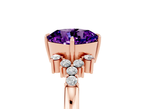Rose gold Cushion Cut Amethyst Ring with Side Stones and Four-Prong Setting_41