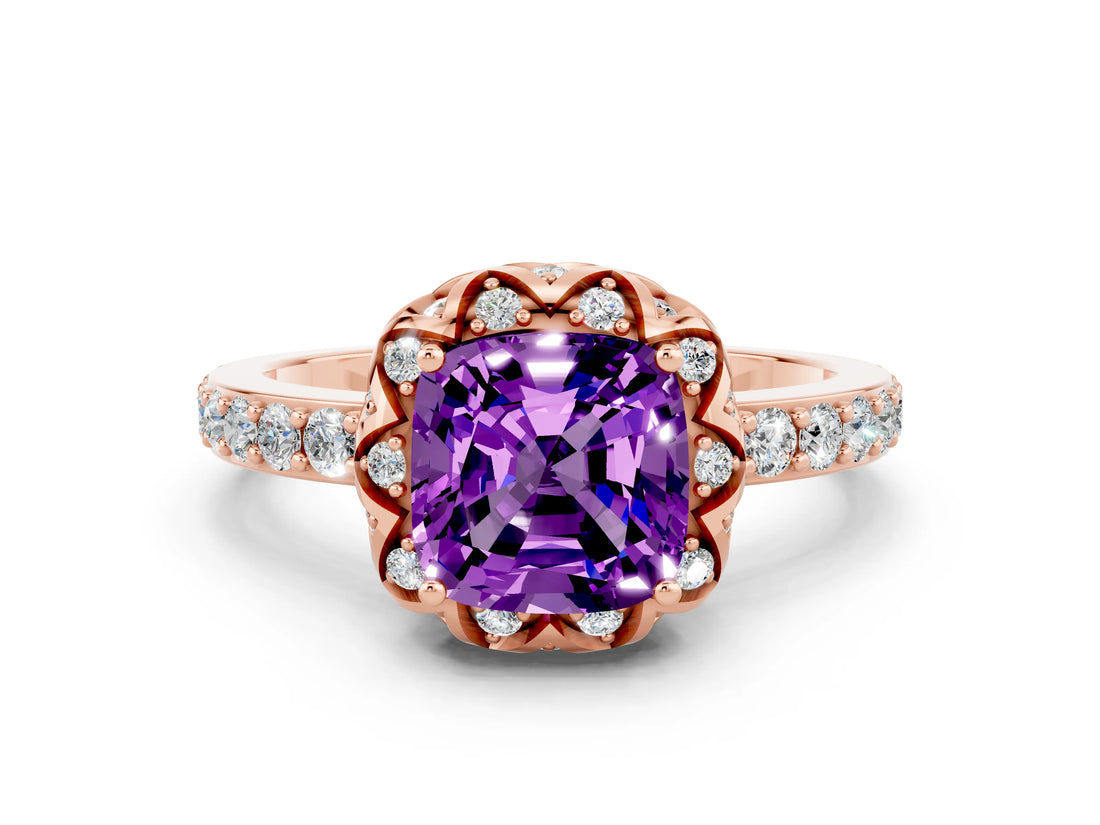 Rose gold Cushion Cut Amethyst Scalloped Halo Engagement Ring with Round Shared Prong Band_24