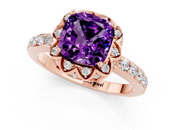 Rose gold Cushion Cut Amethyst Scalloped Halo Engagement Ring with Round Shared Prong Band