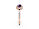 Rose gold Cushion Cut Amethyst Scalloped Halo Engagement Ring with Round Shared Prong Band_26