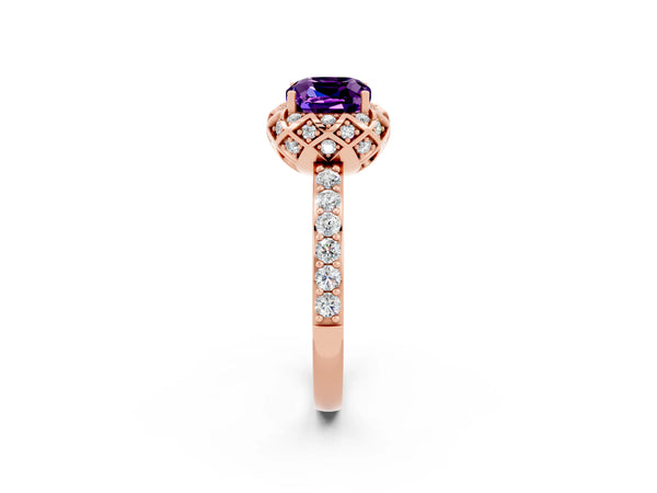 Rose gold Cushion Cut Amethyst Scalloped Halo Engagement Ring with Round Shared Prong Band