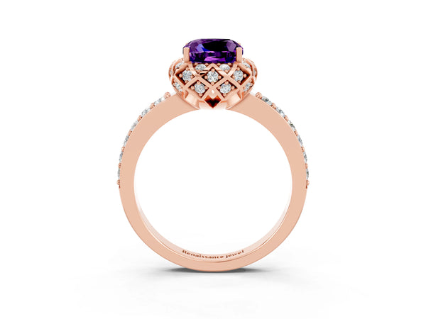 Rose gold Cushion Cut Amethyst Scalloped Halo Engagement Ring with Round Shared Prong Band