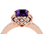 Rose gold Cushion Cut Amethyst Scalloped Halo Engagement Ring with Round Shared Prong Band_28