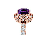Rose gold Cushion Cut Amethyst Scalloped Halo Engagement Ring with Round Shared Prong Band_29