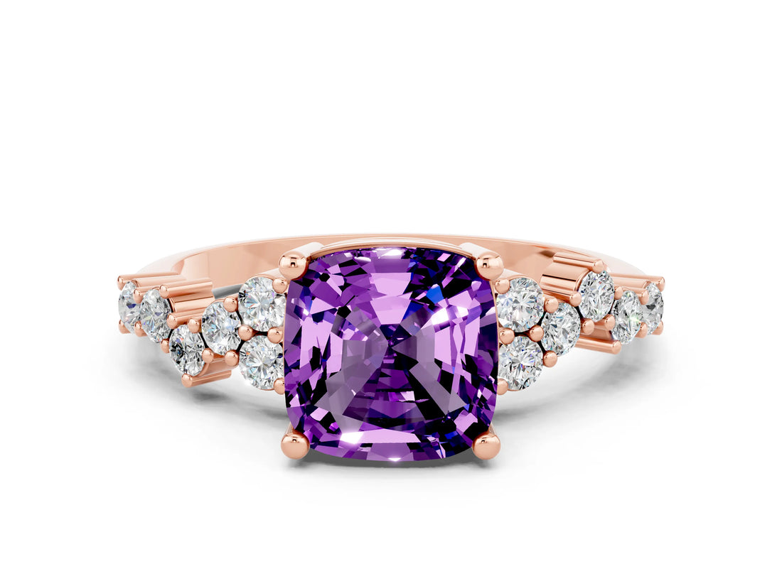 Rose gold Cushion Cut Amethyst Scattered Round Accent Ring with Prong Setting_24