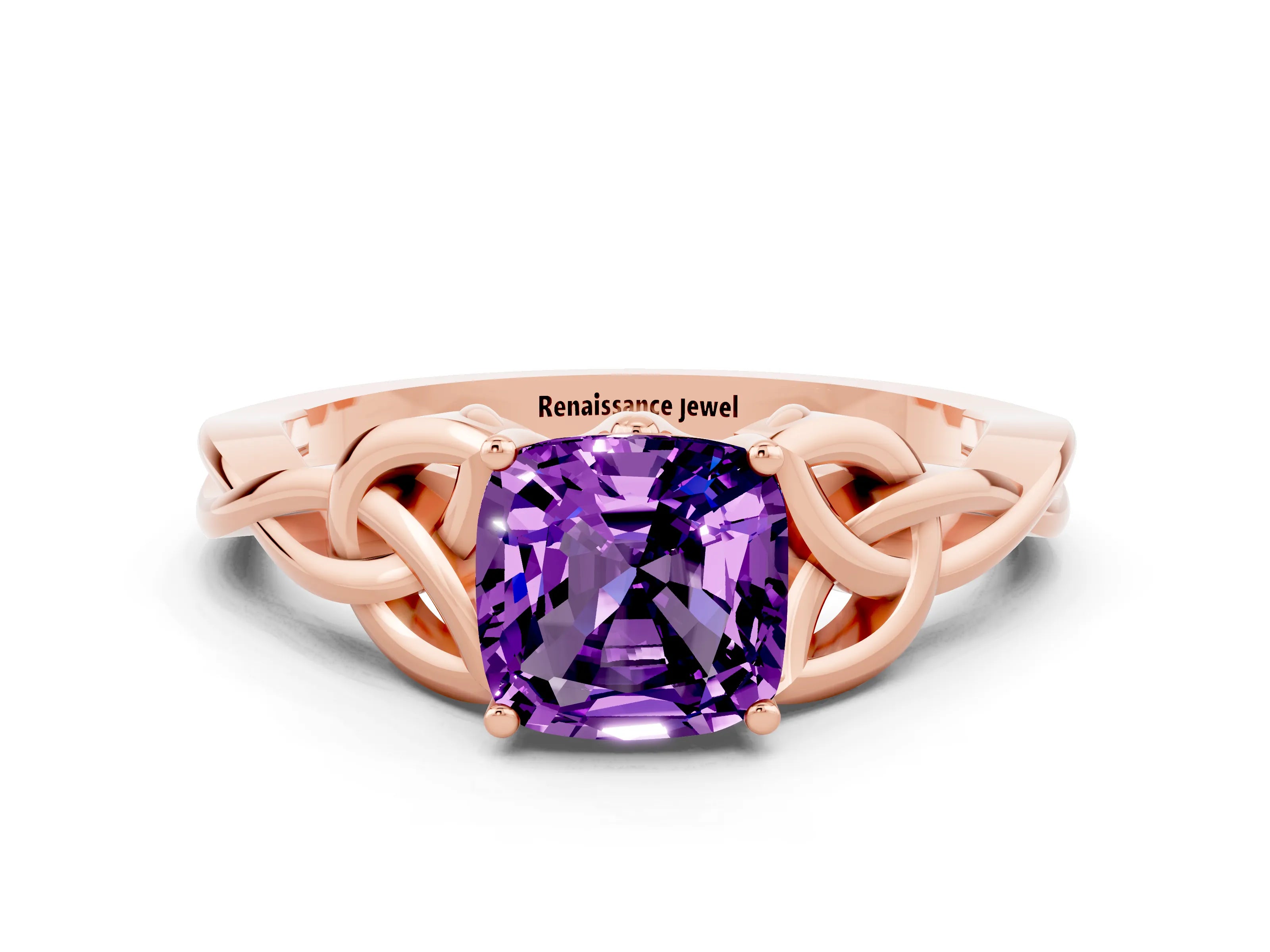 Rose gold Cushion Cut Amethyst Solitaire Celtic Knot Ring with Four-Prong Setting_12