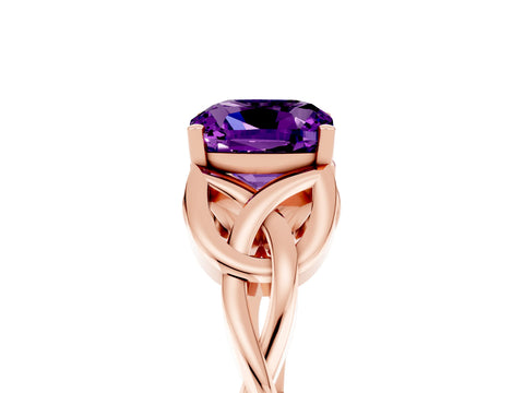 Rose gold Cushion Cut Amethyst Solitaire Celtic Knot Ring with Four-Prong Setting_17