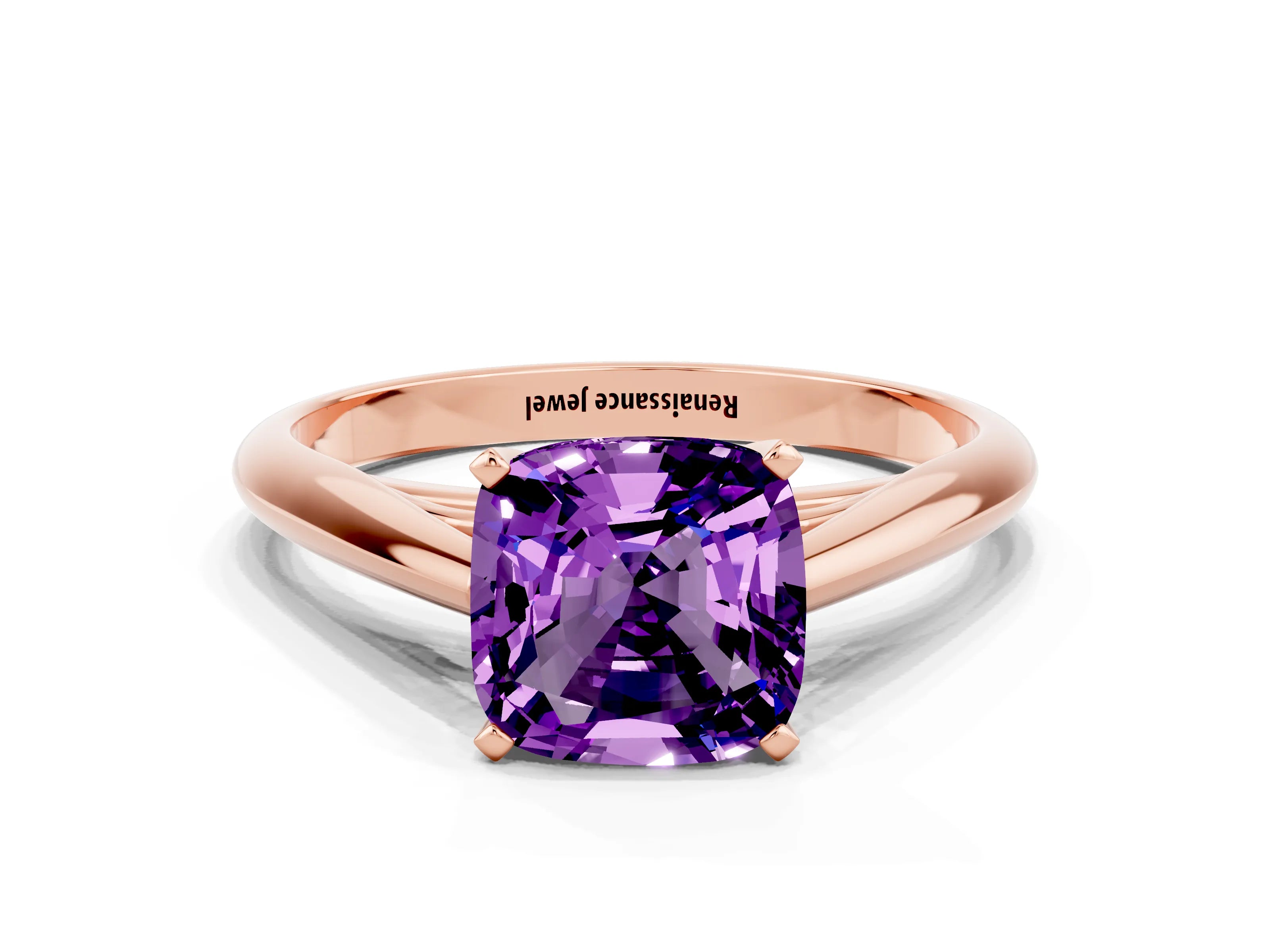 Rose gold Cushion Cut Amethyst Solitaire Engagement Ring with Cathedral Setting and Four-Prong Mount_12