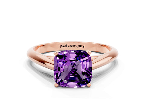 Rose gold Cushion Cut Amethyst Solitaire Engagement Ring with Cathedral Setting and Four-Prong Mount_12