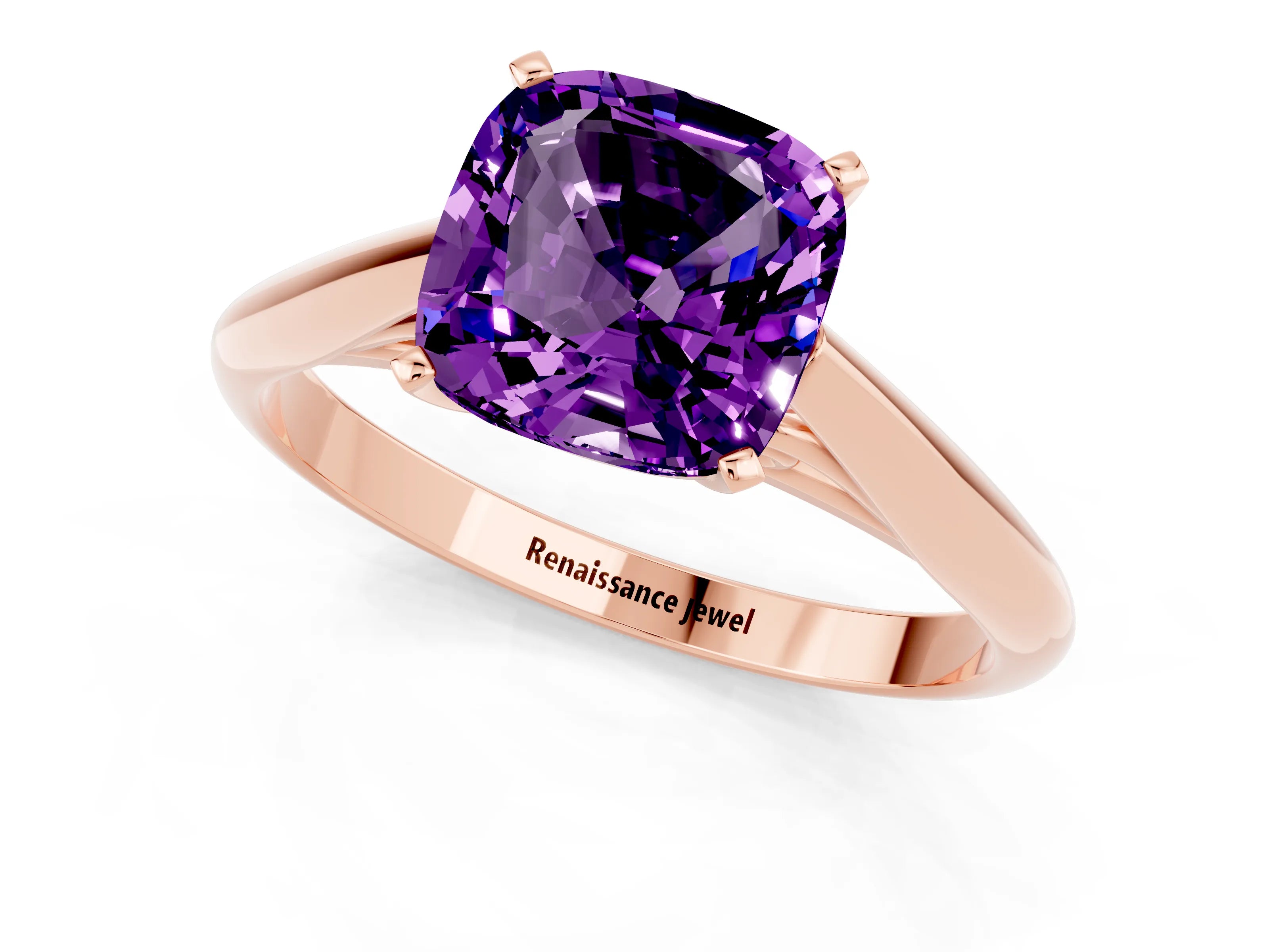 Rose gold Cushion Cut Amethyst Solitaire Engagement Ring with Cathedral Setting and Four-Prong Mount_13