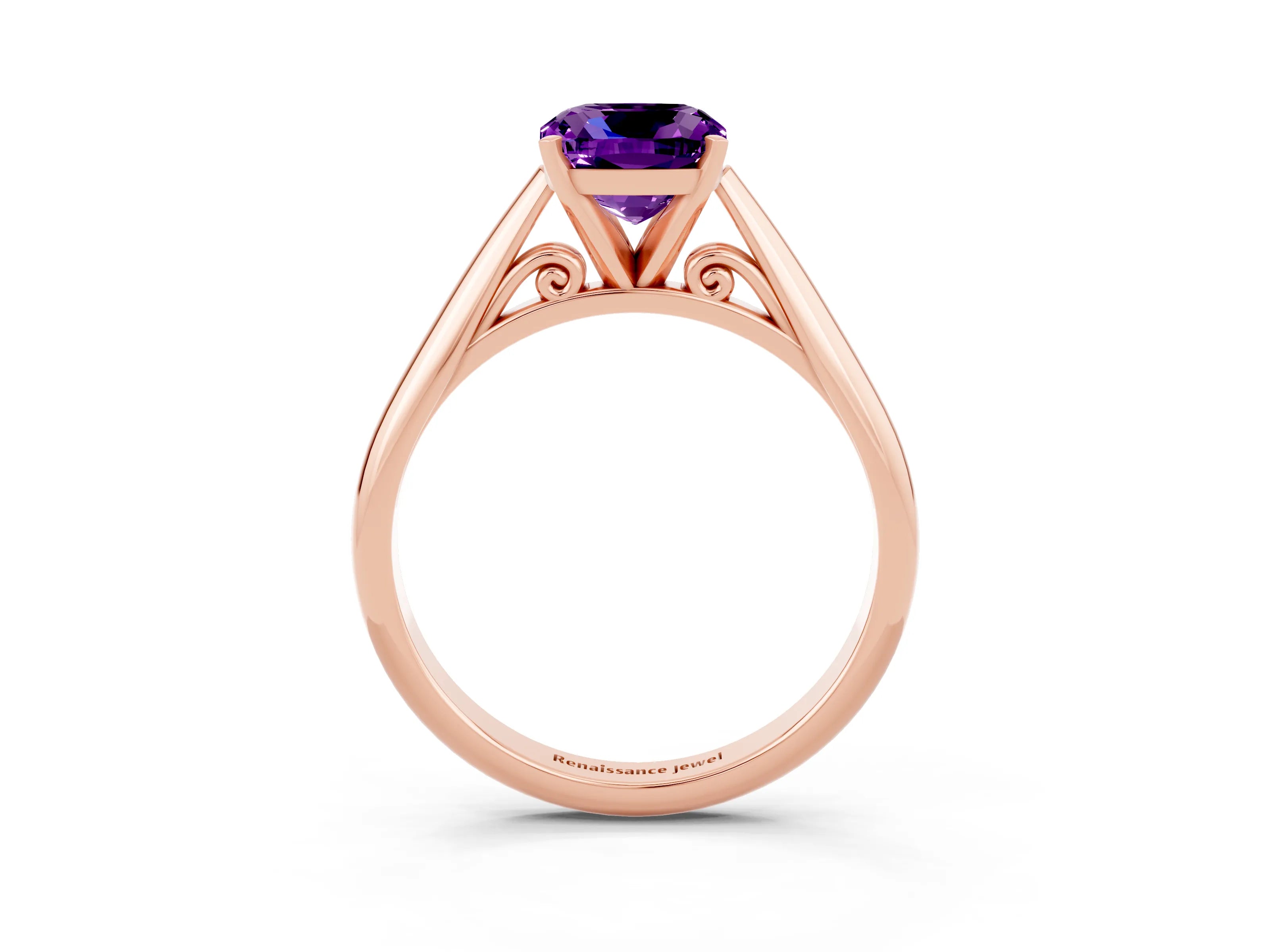 Rose gold Cushion Cut Amethyst Solitaire Engagement Ring with Cathedral Setting and Four-Prong Mount_15