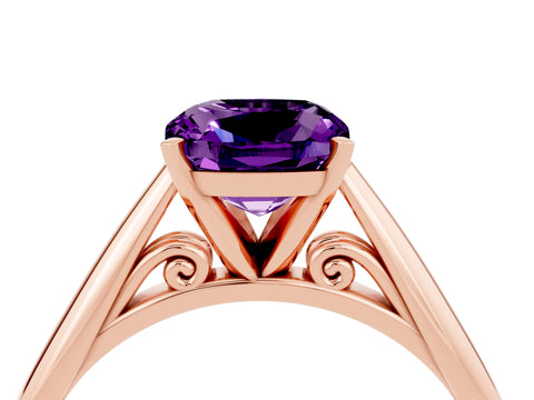 Rose gold Cushion Cut Amethyst Solitaire Engagement Ring with Cathedral Setting and Four-Prong Mount_16