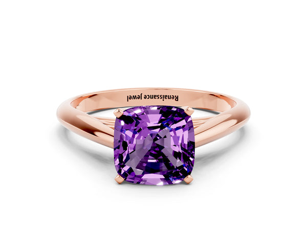 Rose gold Cushion Cut Amethyst Solitaire Engagement Ring with Cathedral Setting and Four-Prong Mount