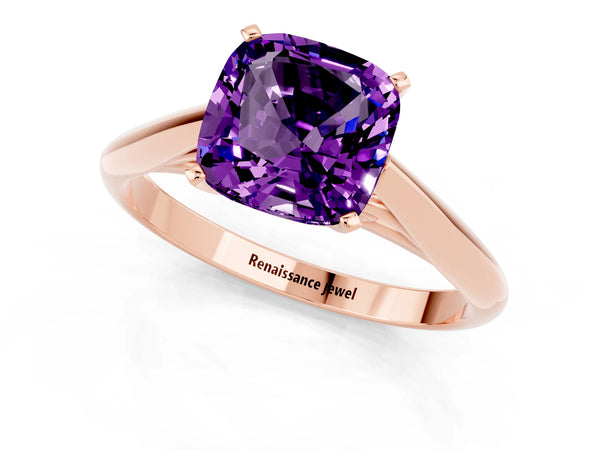 Rose gold Cushion Cut Amethyst Solitaire Engagement Ring with Cathedral Setting and Four-Prong Mount