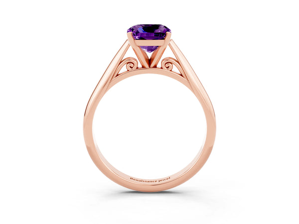 Rose gold Cushion Cut Amethyst Solitaire Engagement Ring with Cathedral Setting and Four-Prong Mount