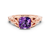 Rose gold Cushion Cut Amethyst Solitaire Engagement Ring with Celtic Knot Band and Four-Prong Setting