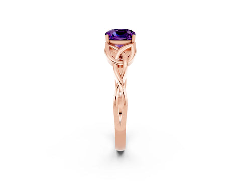 Rose gold Cushion Cut Amethyst Solitaire Engagement Ring with Celtic Knot Band and Four-Prong Setting_2