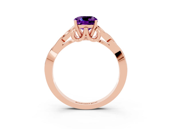 Rose gold Cushion Cut Amethyst Solitaire Engagement Ring with Celtic Knot Band and Four-Prong Setting