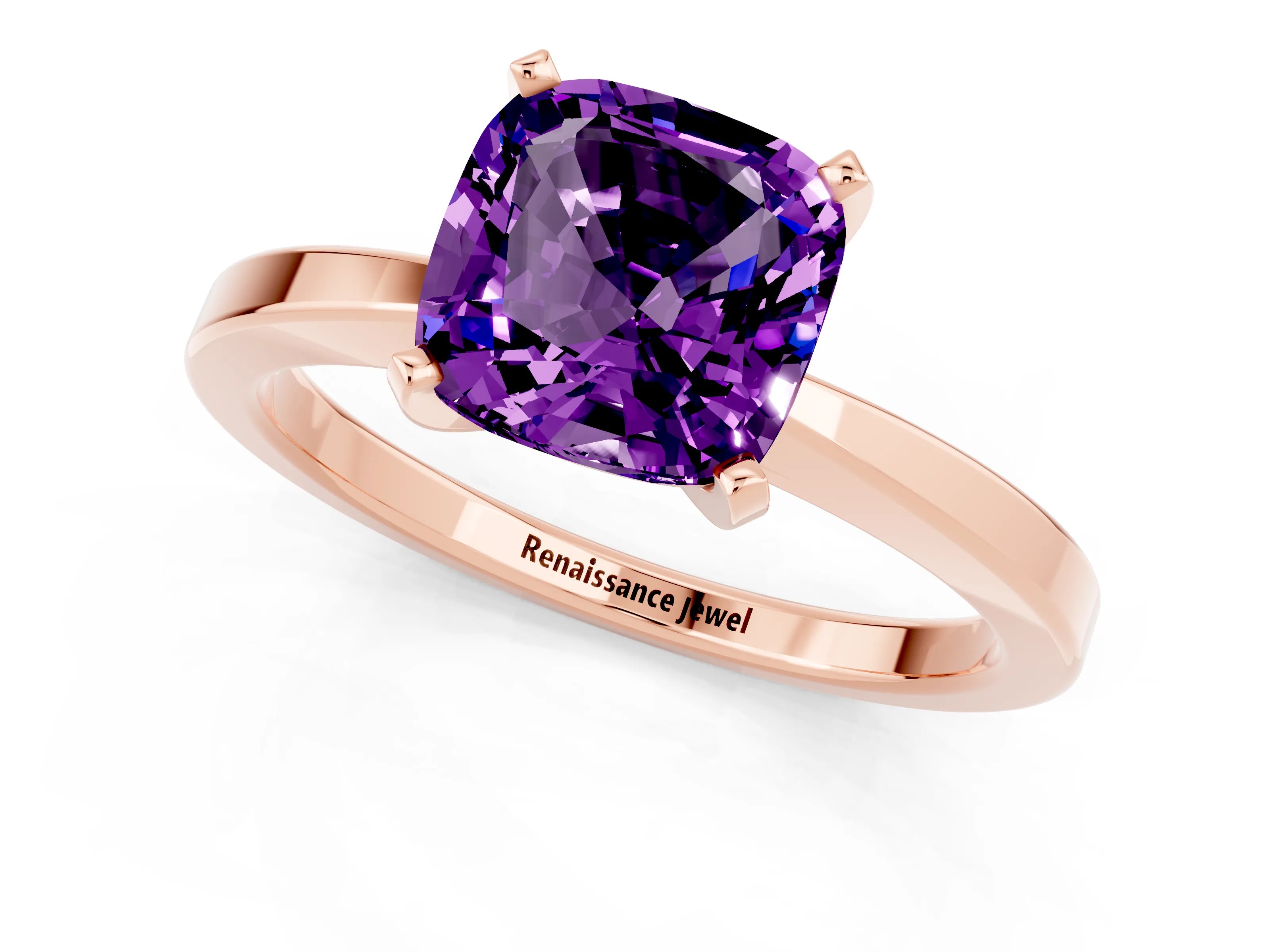 Rose gold Cushion Cut Amethyst Solitaire Engagement Ring with Classic Band and Four-Prong Setting_25