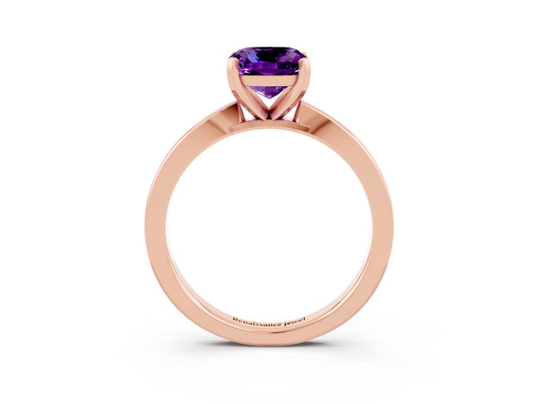 Rose gold Cushion Cut Amethyst Solitaire Engagement Ring with Classic Band and Four-Prong Setting