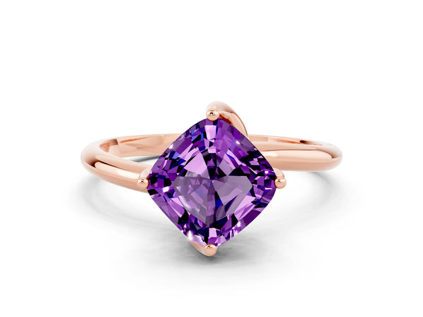 Rose gold Cushion Cut Amethyst Solitaire Engagement Ring with Four-Prong Setting and Classic Band
