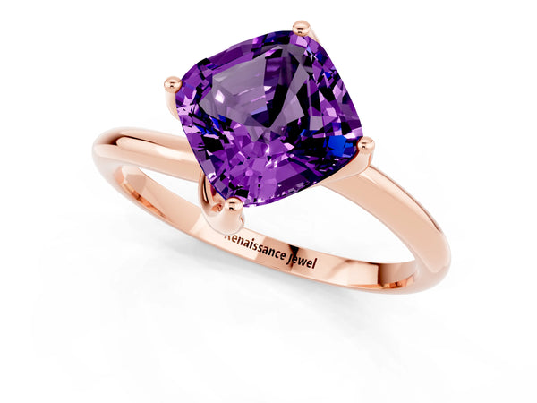 Rose gold Cushion Cut Amethyst Solitaire Engagement Ring with Four-Prong Setting and Classic Band