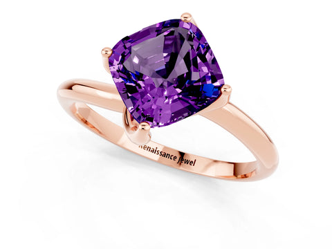 Rose gold Cushion Cut Amethyst Solitaire Engagement Ring with Four-Prong Setting and Classic Band_13