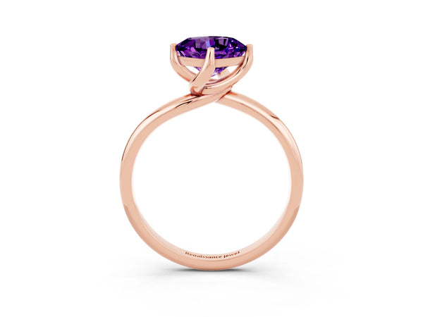 Rose gold Cushion Cut Amethyst Solitaire Engagement Ring with Four-Prong Setting and Classic Band
