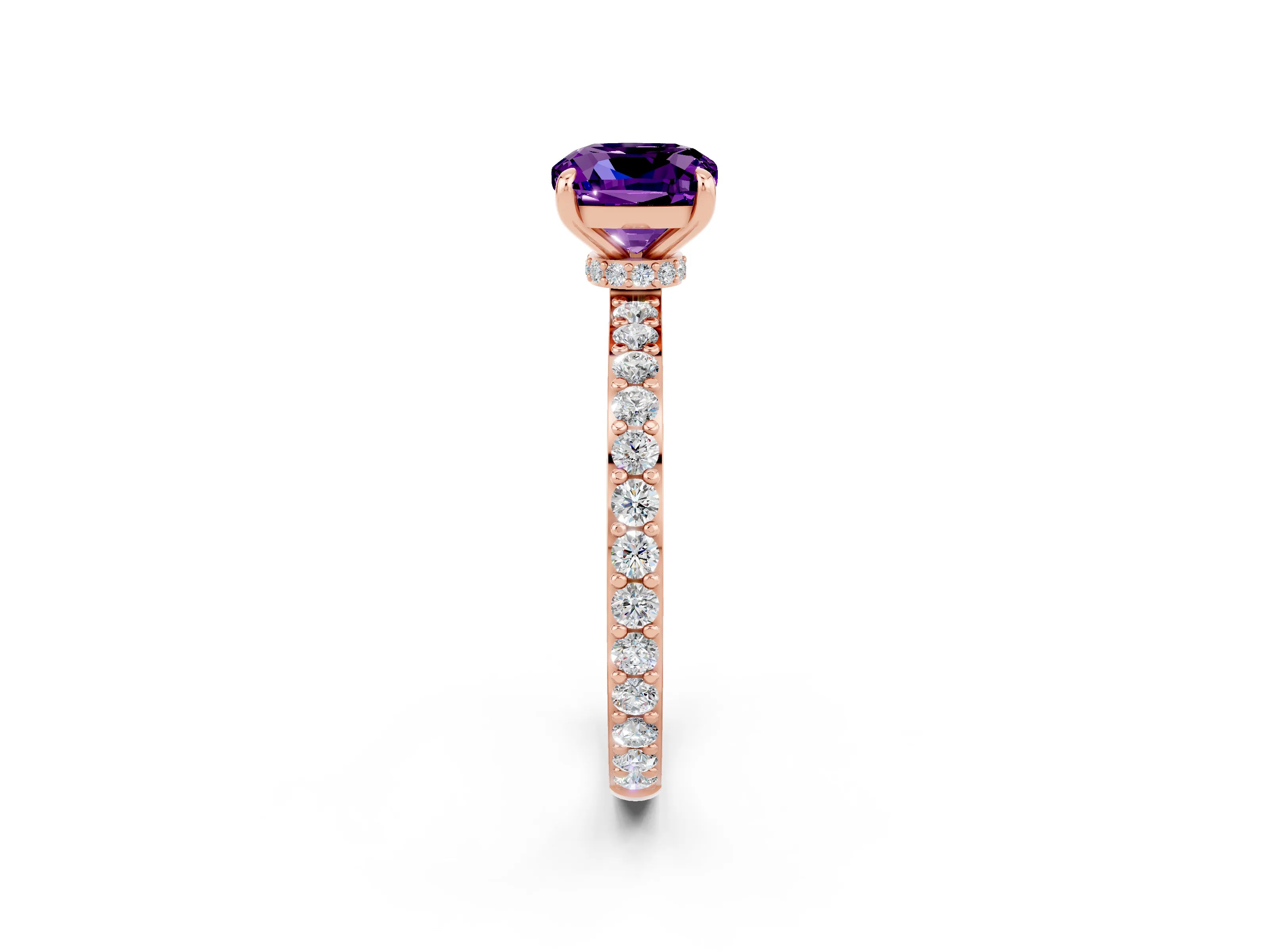 Rose gold Cushion Cut Amethyst Solitaire Engagement Ring with Pavé Band and Four-Prong Setting_2
