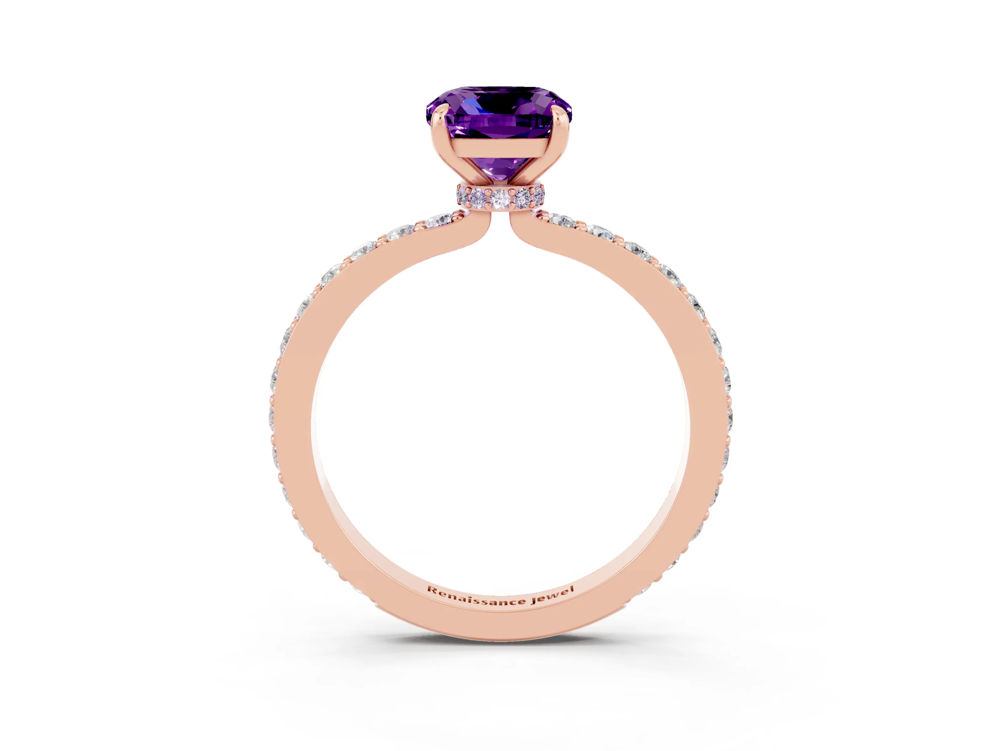 Rose gold Cushion Cut Amethyst Solitaire Engagement Ring with Pavé Band and Four-Prong Setting_3
