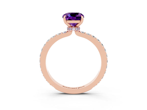 Rose gold Cushion Cut Amethyst Solitaire Engagement Ring with Pavé Band and Four-Prong Setting