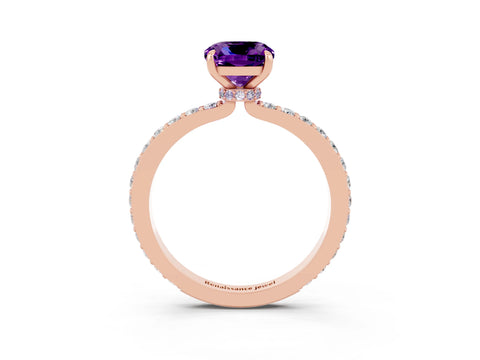 Rose gold Cushion Cut Amethyst Solitaire Engagement Ring with Pavé Band and Four-Prong Setting_3